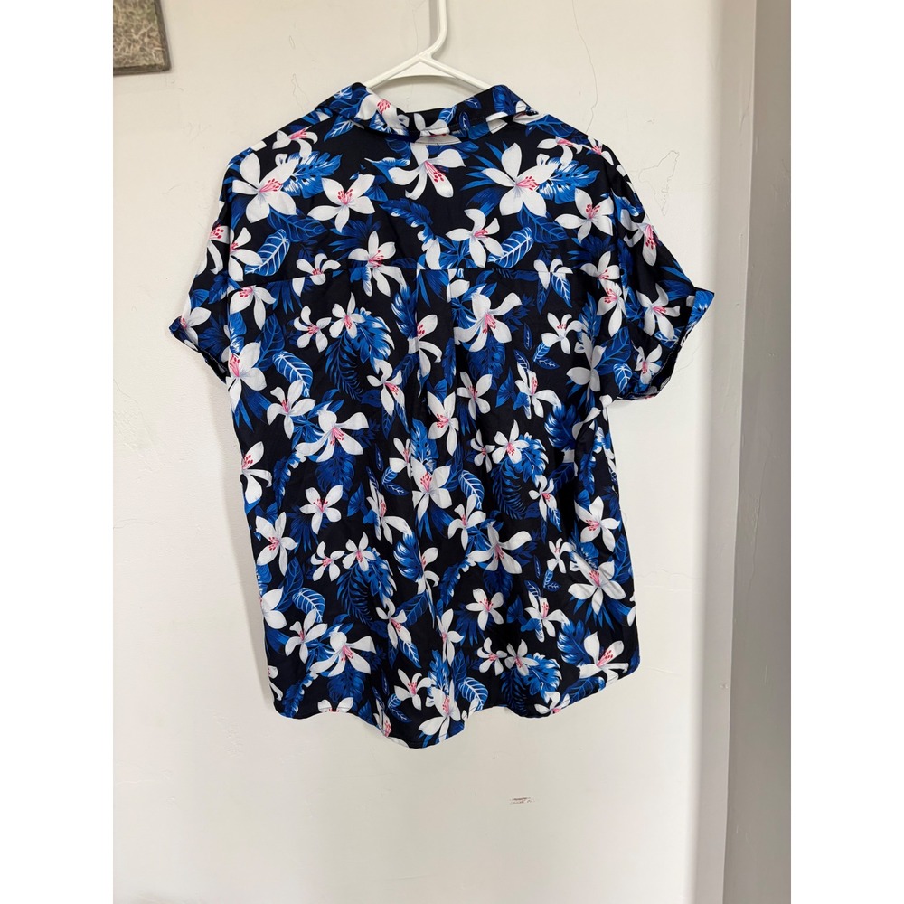 ION Women Tropical Floral Button Down Shirt Navy Blue White Lily Summer Top M - Picture 5 of 7